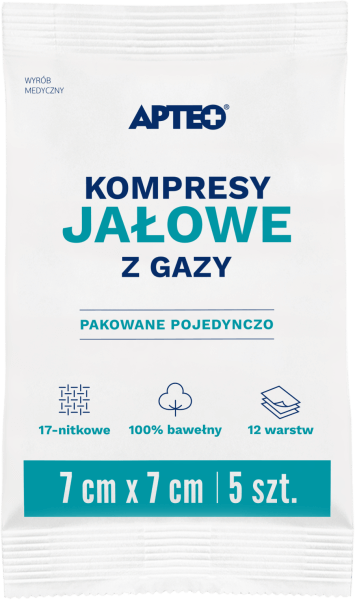 Kompresy jałowe APTEO, do bezpośredniego opatrywania zranionej skóry, 7 x 7 cm, 5 szt.