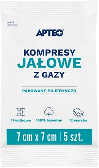 Kompresy jałowe APTEO, do bezpośredniego opatrywania zranionej skóry, 7 x 7 cm, 5 szt.