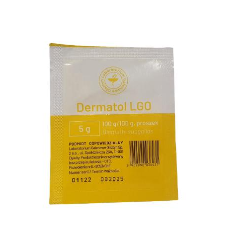 Dermatol, proszek ściągający, hamujący krwawienie przy ranach, stanach zapalnych skóry, 5 g