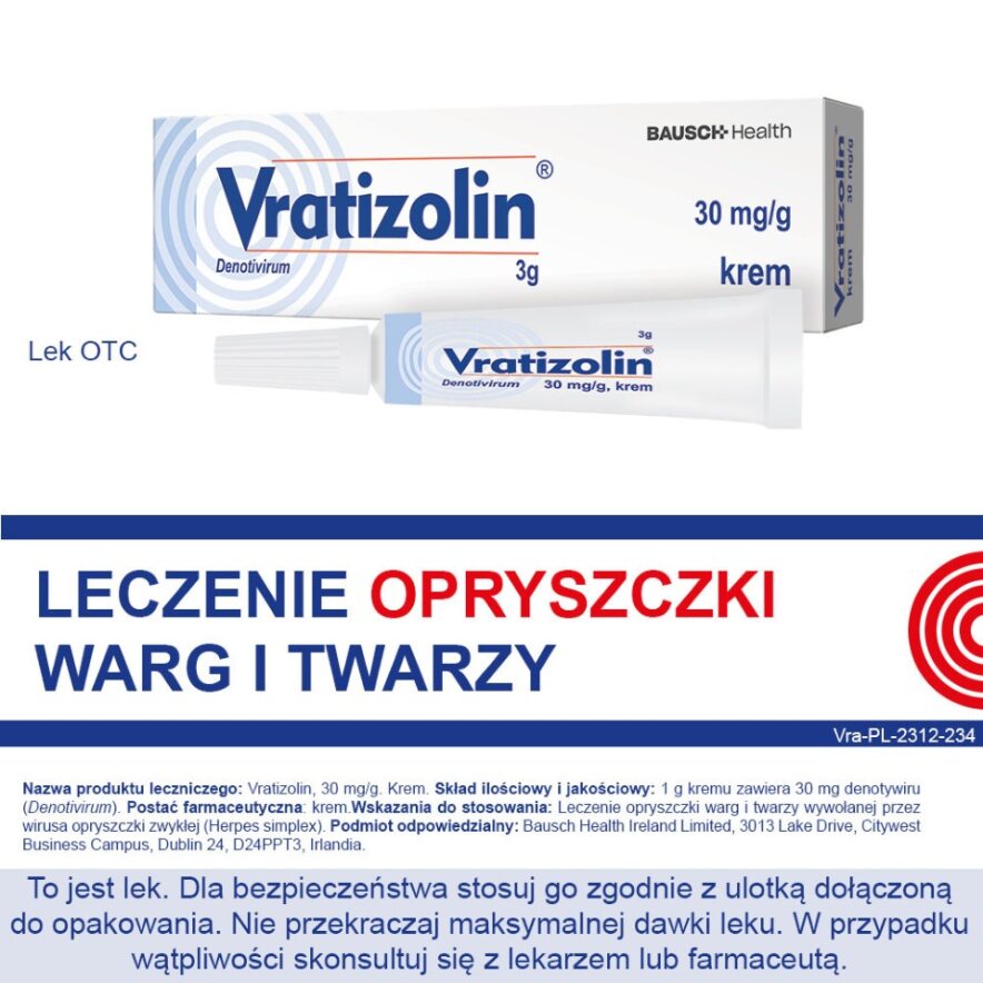 Vratizolin, krem stosowany na opryszczkę warg i twarzy, tuba 3 g