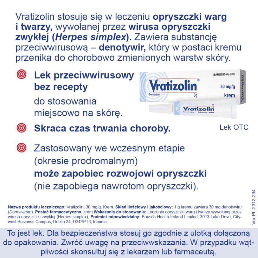 Vratizolin, krem stosowany na opryszczkę warg i twarzy, tuba 3 g