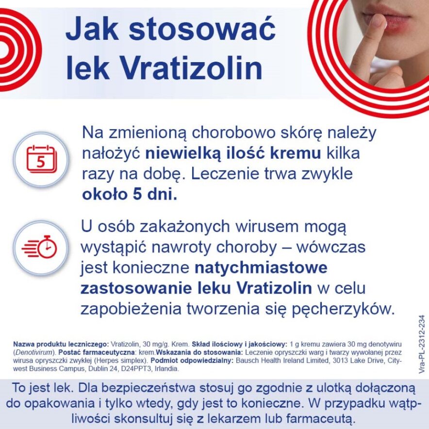 Vratizolin, krem stosowany na opryszczkę warg i twarzy, tuba 3 g
