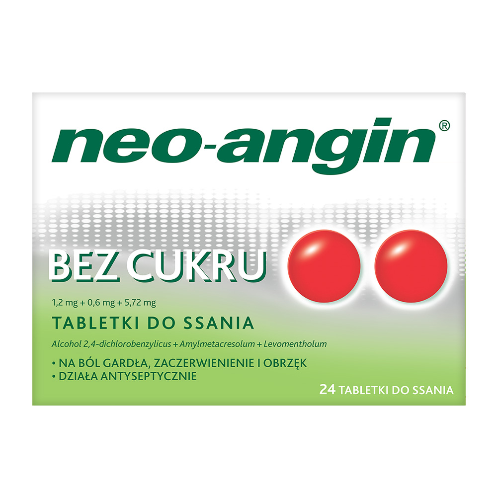 Neo-Angin bez cukru tabletki do ssania na stan zapalny jamy ustnej i gardła, 24 szt.
