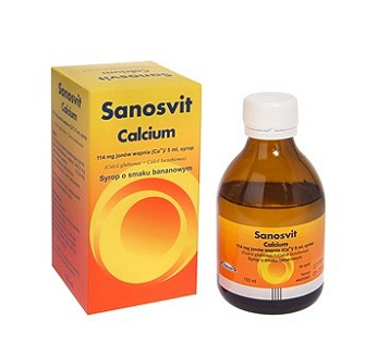Sanosvit Calcium , syrop na niedobory wapnia i alergię o smaku bananowym, 150 ml
