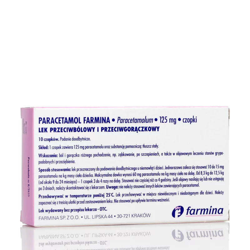 Paracetamol Farmina, czopki o działaniu przeciwbólowych i przeciwgorączkowym, 125 mg, 10 szt.