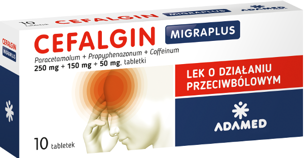 Cefalgin Migraplus 250 mg + 150 mg + 50 mg, tabletki na ból o słabym lub umiarkowanym nasileniu, 10 szt.