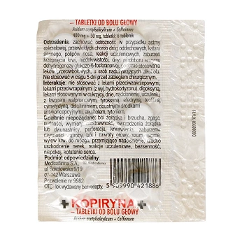 Kopiryna tabletki od bólu głowy, tabletki o działaniu przeciwbólowym, 6 szt.