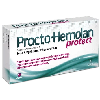 Procto-Hemolan protect, czopki zmniejszające stan zapalny oraz łagodzące objawy hemoroidów, 10 szt.