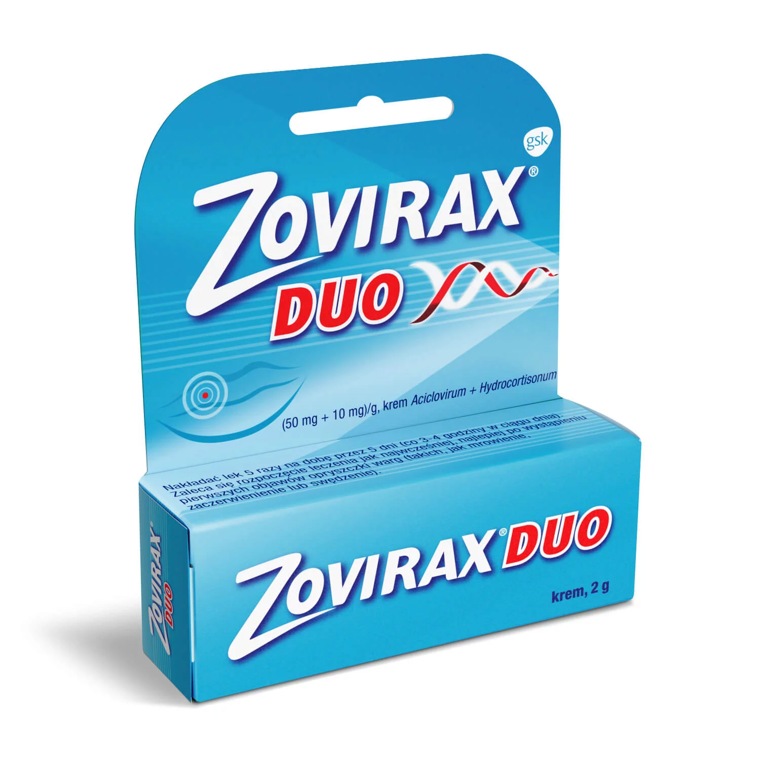 Zovirax Duo, krem stosowany w leczeniu nawrotowej opryszczki warg i twarzy, tuba 2 g