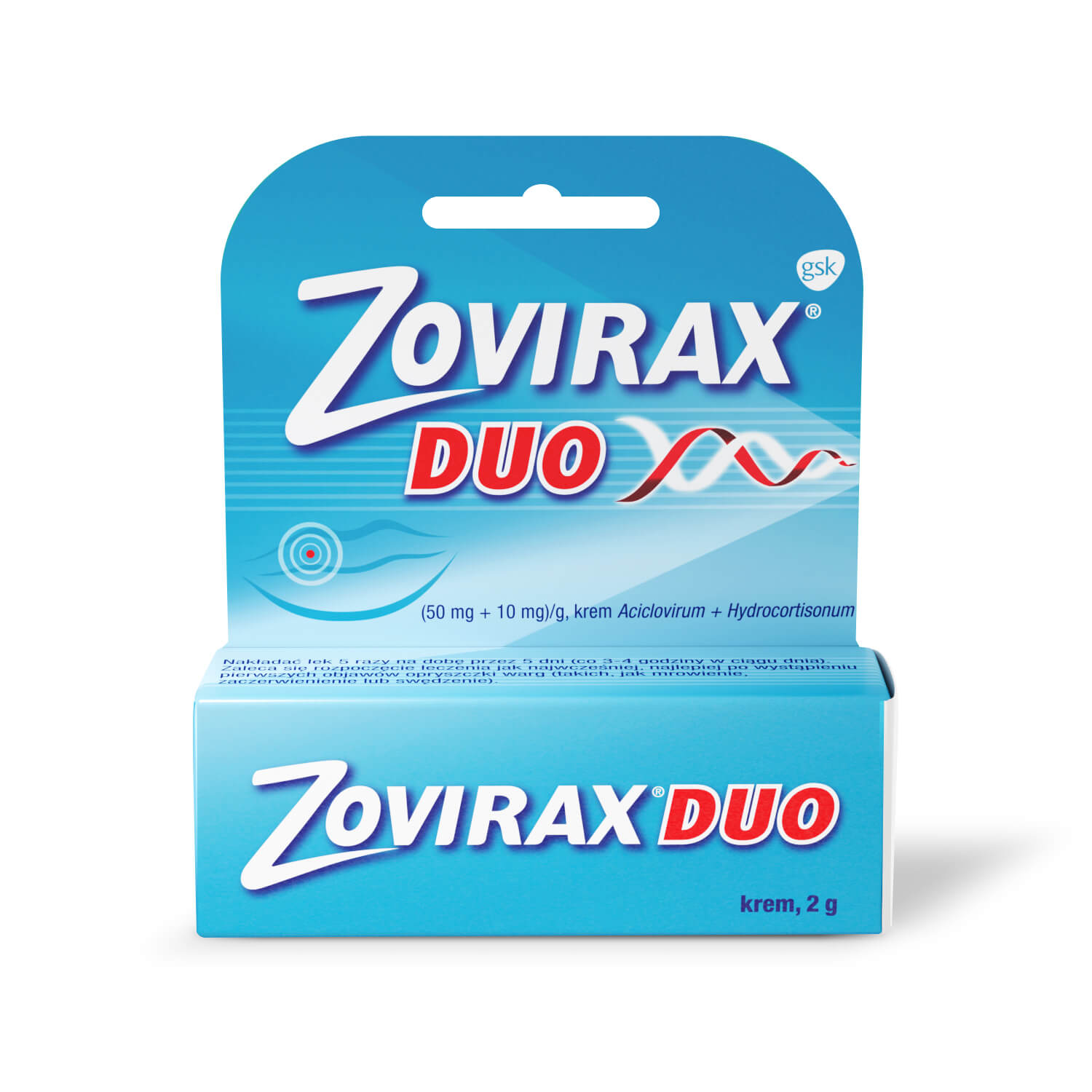 Zovirax Duo, krem stosowany w leczeniu nawrotowej opryszczki warg i twarzy, tuba 2 g