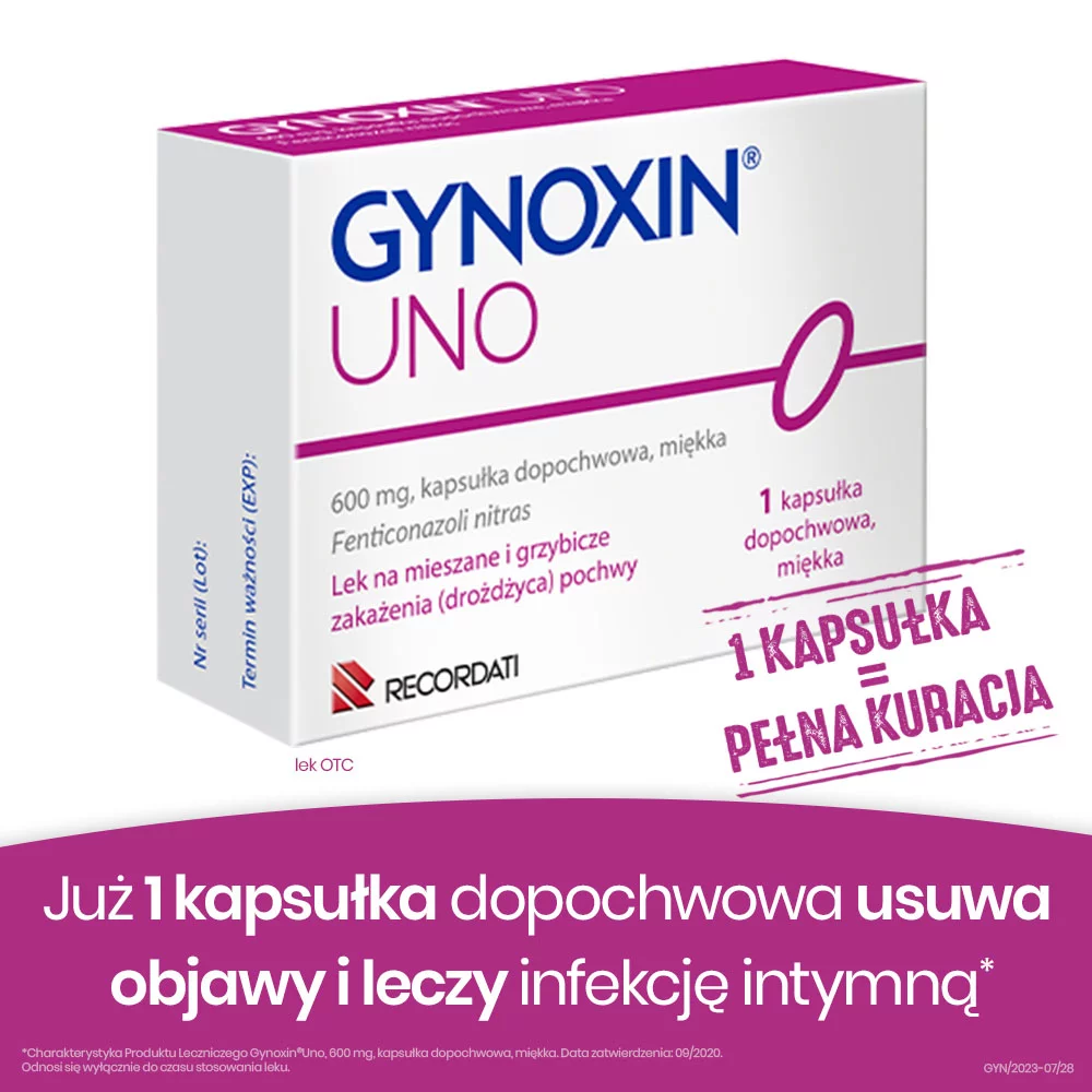 Gynoxin Uno, kapsułki dopochwowe na drożdżycę błon śluzowych narządów płciowych, 1 szt.