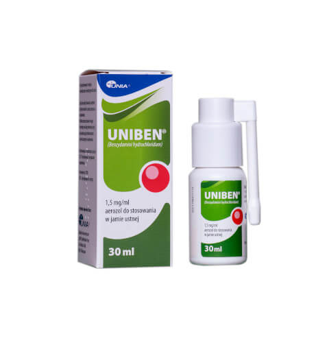 Uniben, aerozol na objawy ostrego stanu zapalnego jamy ustnej i gardła, butelka 30 ml