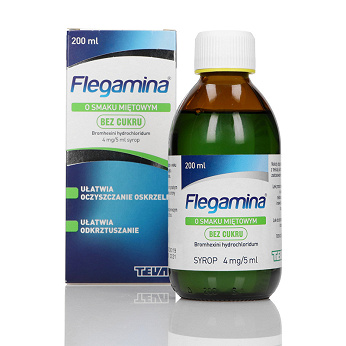 Flegamina, syrop na mokry kaszel o smaku miętowym bez cukru, butelka 200 ml