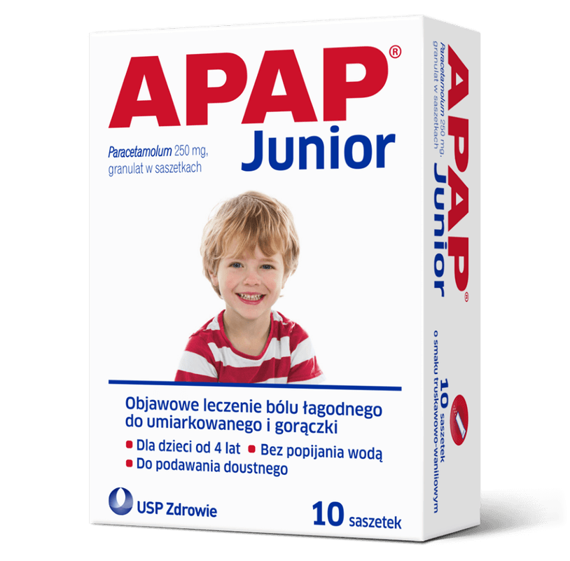 Apap Junior granulat na objawowe leczenie bólu łagodnego do umiarkowanego i gorączki, 10 sasz.