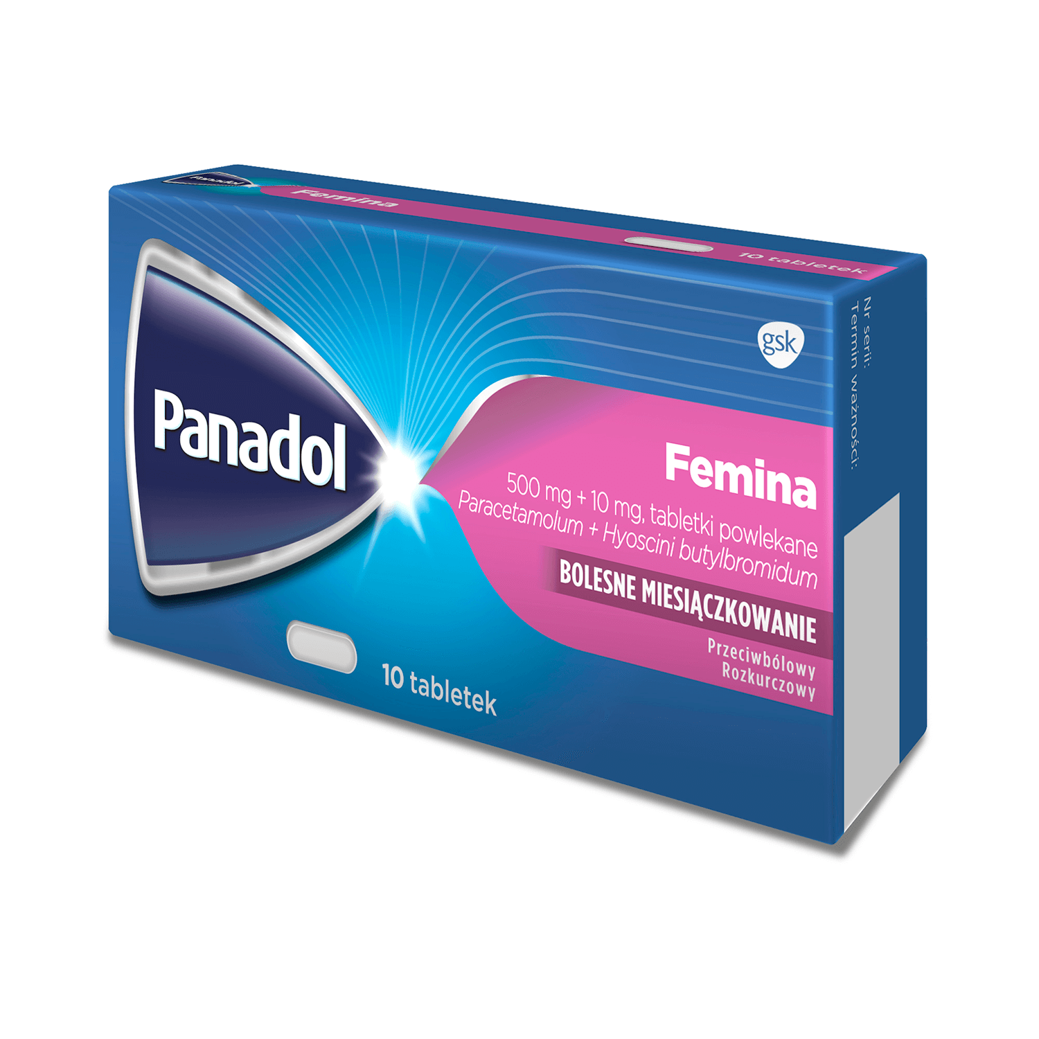Panadol Femina, tabletki przeciwbólowe, rozkurczowe na ból miesiączkowy, 10 szt.