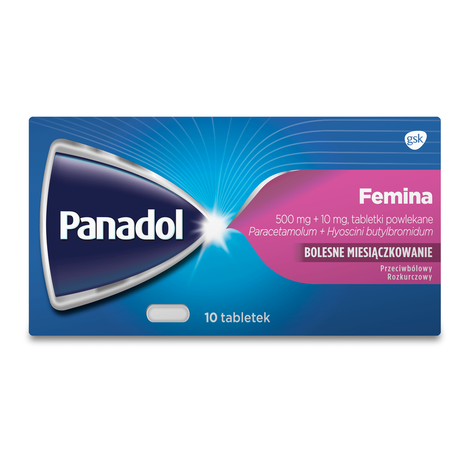 Panadol Femina, tabletki przeciwbólowe, rozkurczowe na ból miesiączkowy, 10 szt.