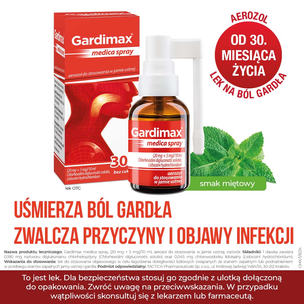 Gardimax Medica spray, aerozol łagodzący stany zapalne jamy ustnej i gardła, butelka 30 ml