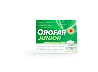 Orofar Junior, tabletki łagodzące ból gardła o działaniu przeciwbólowym oraz przeciwbakteryjnym, 24 szt.