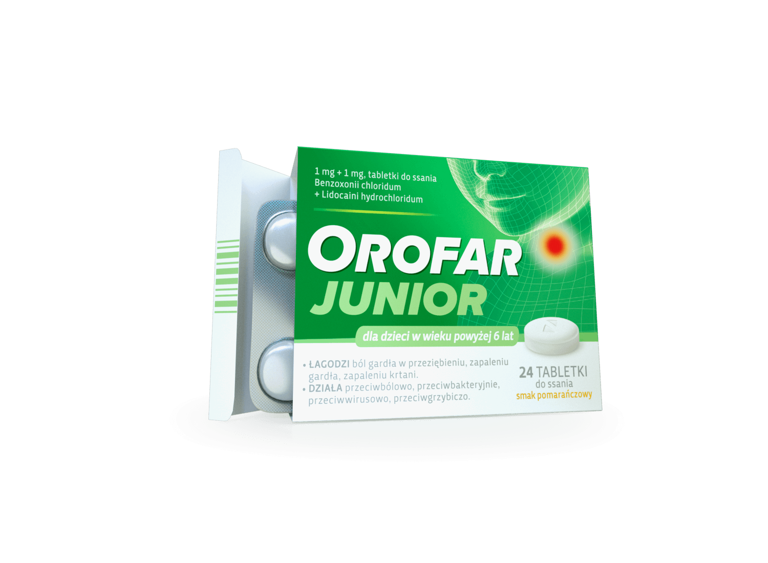 Orofar Junior, tabletki łagodzące ból gardła o działaniu przeciwbólowym oraz przeciwbakteryjnym, 24 szt.