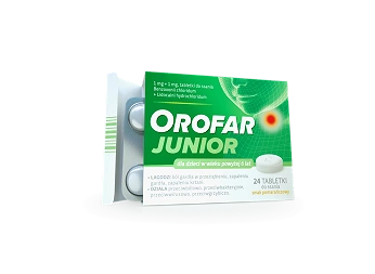 Orofar Junior, tabletki łagodzące ból gardła o działaniu przeciwbólowym oraz przeciwbakteryjnym, 24 szt.