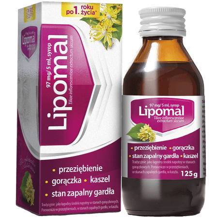 Lipomal, syrop na przeziębienie, gorączkę i stany zapalne gardła, butelka 125 ml