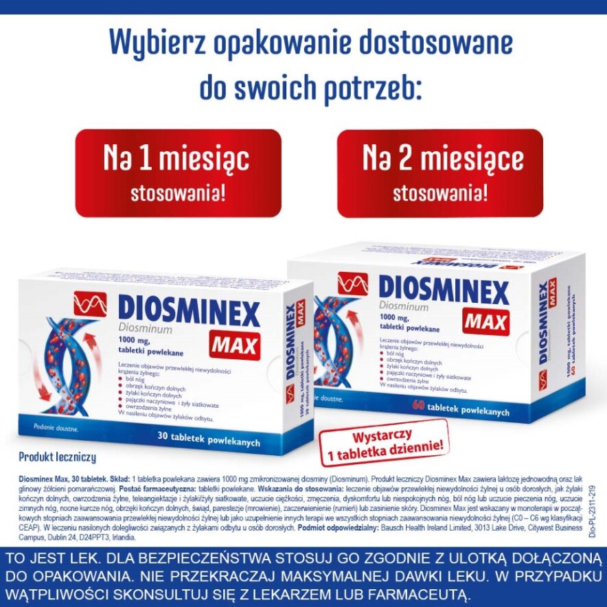 Diosminex Max, tabletki na uczucie ciężkich nóg oraz nocne skurcze, 30 szt.