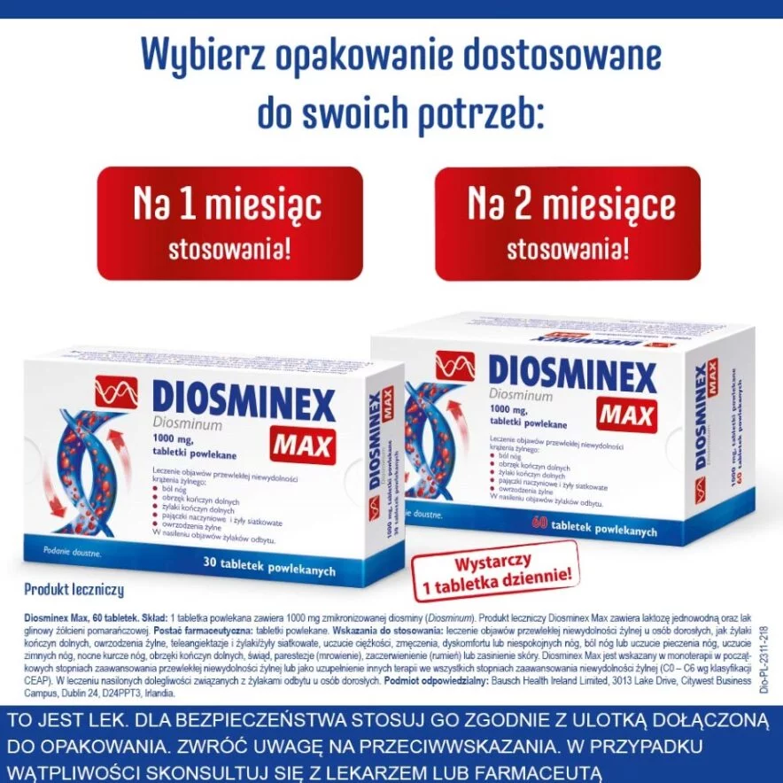 Diosminex Max, tabletki na uczucie ciężkich nóg oraz nocne skurcze,  60 szt.