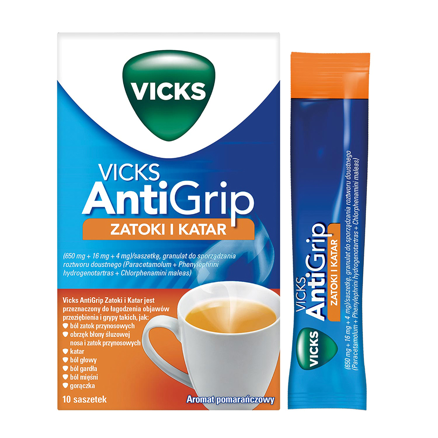 Vicks AntiGrip Zatoki i Katar granulat na objawy przeziębienia i grypy, smak pomarańczowy, 10 szt.