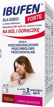 Ibufen dla dzieci Forte, syrop o działaniu przeciwbólowym i przeciwgorączkowym dla dzieci o smaku malinowym, 100 ml