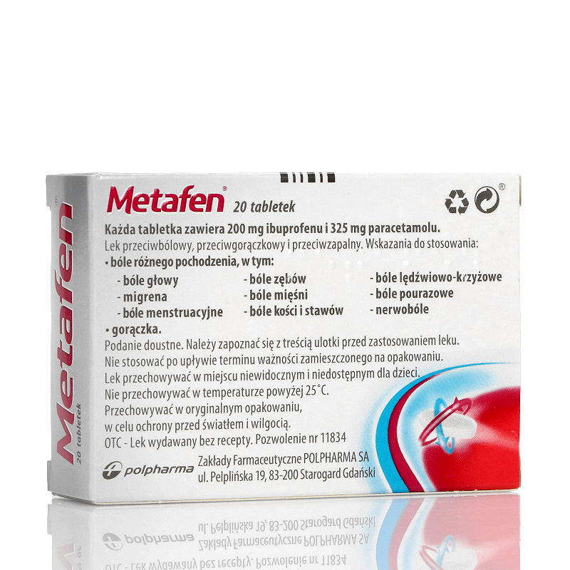 Metefen Tab Metafen 200 mg + 325 mg, tabletki na ból różnego pochodzenia, gorączkę ...