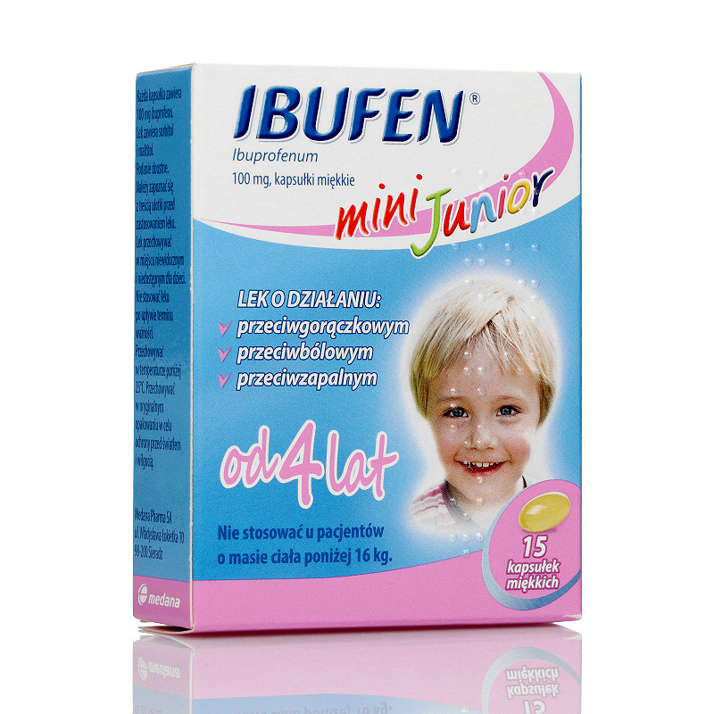Ibufen mini Junior, kapsułki na ból słaby i umiarkowany, stany gorączkowe, 15 szt.