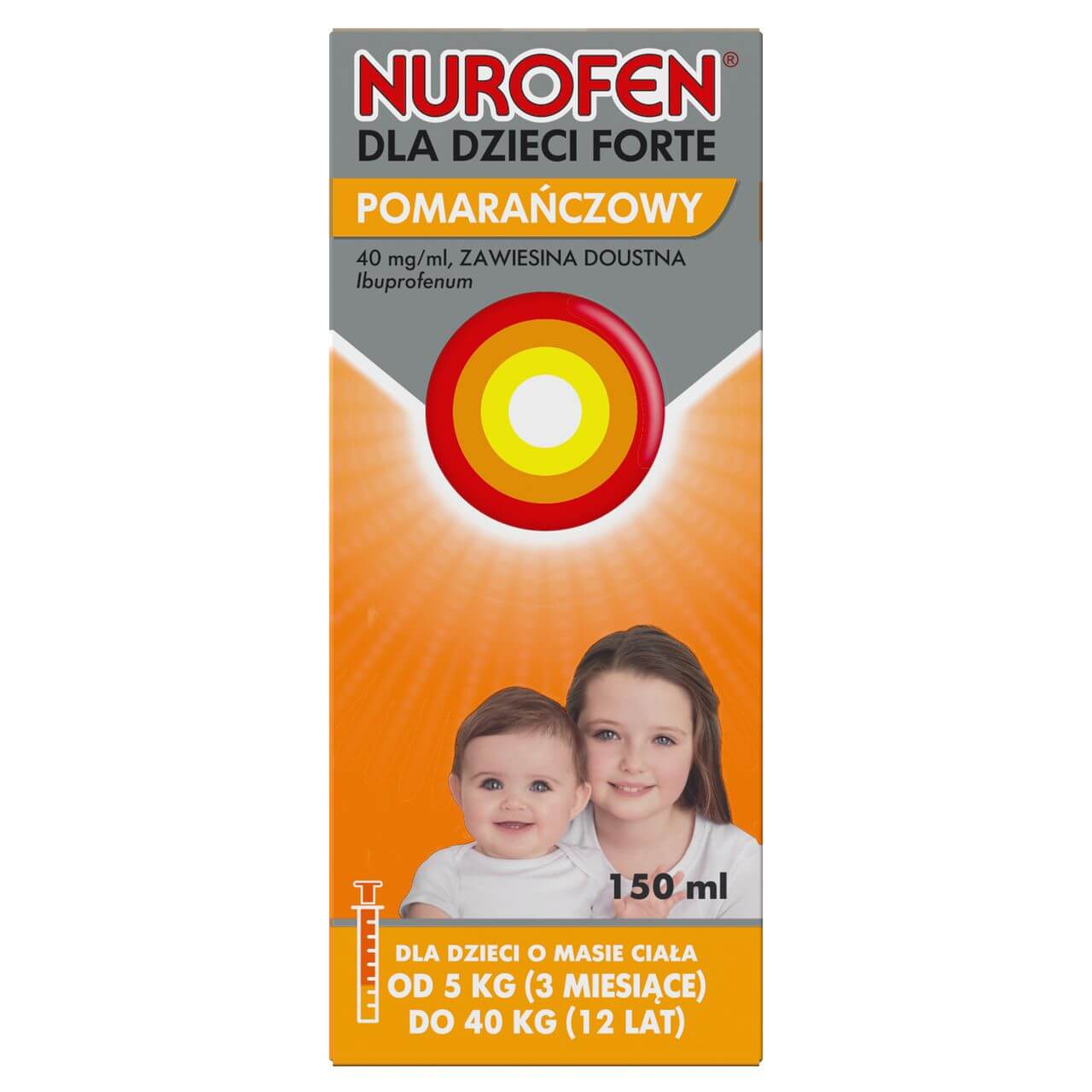Nurofen Forte dla dzieci, syrop przeciwbólowy i przeciwgorączkowy o smaku pomarańczowym, 150 ml