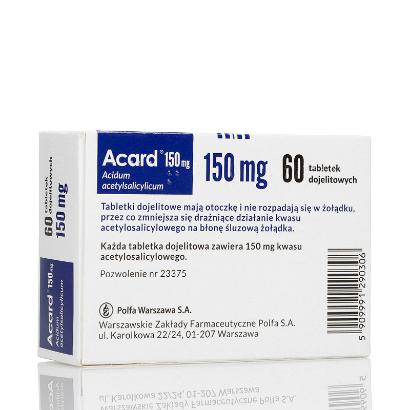 Acard 150 mg, tabletki dojelitowe stosowne w chorobach niedokrwiennych serca, 60 szt.