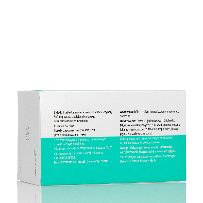 Aspirin , tabletki przeciwbólowe, przeciwgorączkowe, przeciwzapalne, 100 szt. (import równoległy)