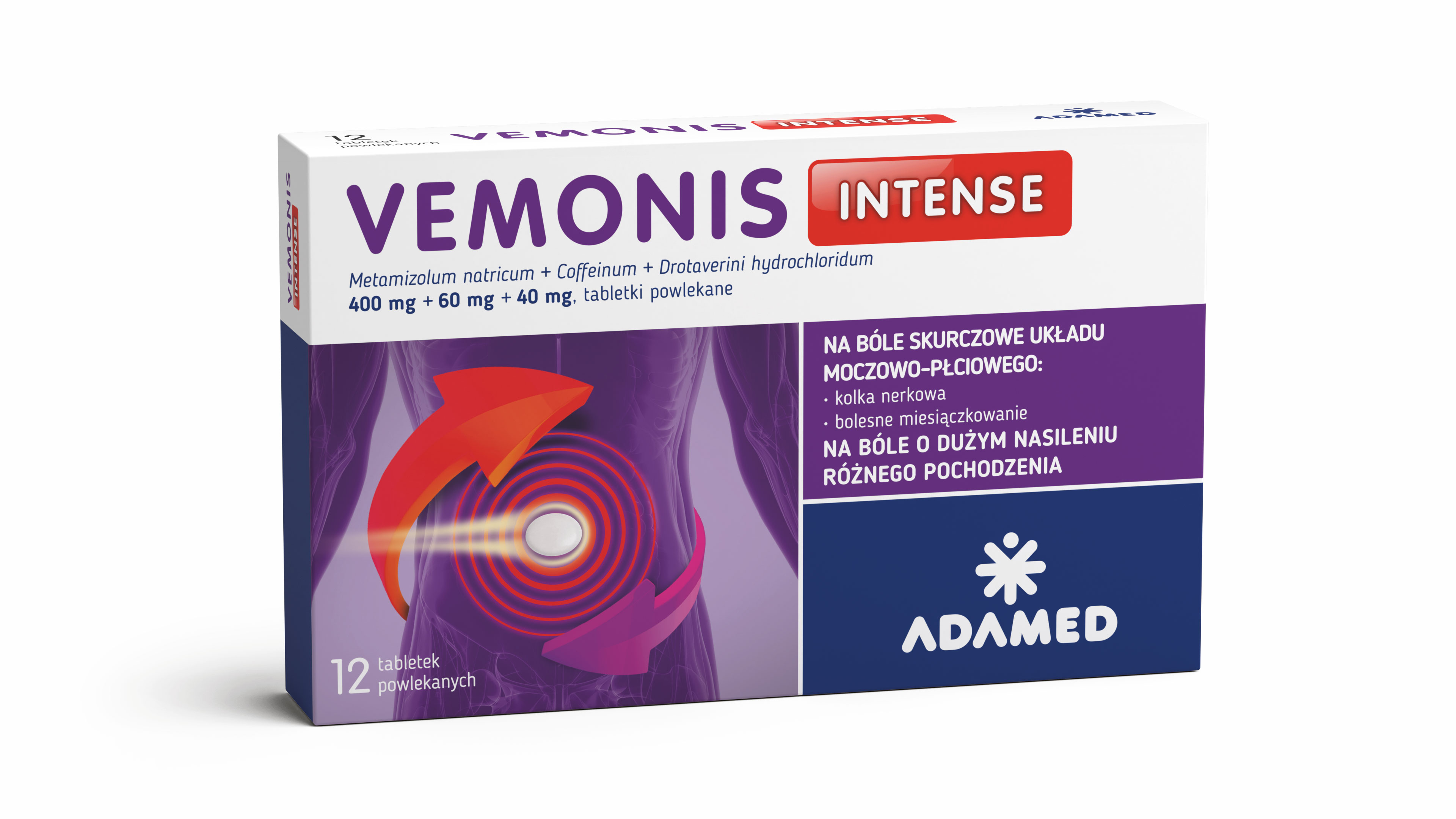 Vemonis Intense, tabletki rozkurczowe na bolesne miesiączkowanie, 12 szt.