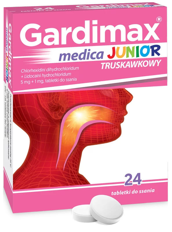 Gardimax Medica Junior, tabletki do ssania dla dzieci łagodzące ból gardła o smaku truskawkowym, 24 szt.