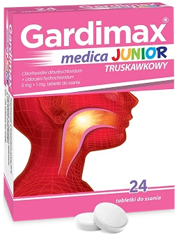 Gardimax Medica Junior, tabletki do ssania dla dzieci łagodzące ból gardła o smaku truskawkowym, 24 szt.