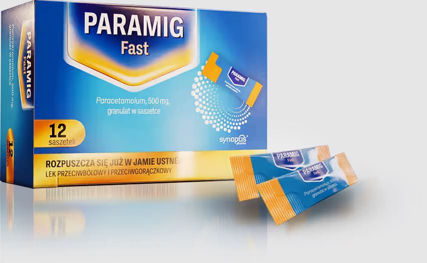 Paramig Fast Junior granulat w saszetce, lek przeciwbólowy i przeciwgorączkowy, 12 szt.
