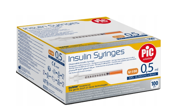 PIC Insulin Syringes, jednorazowa strzykawka insulinowa 0,5 ml G30 0,30 mm x 8 mm, 100 szt.