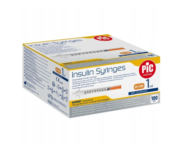 PIC Insulin Syringes, jednorazowa strzykawka insulinowa 1 ml G30 0,30 mm x 12,7 mm, 100 szt.