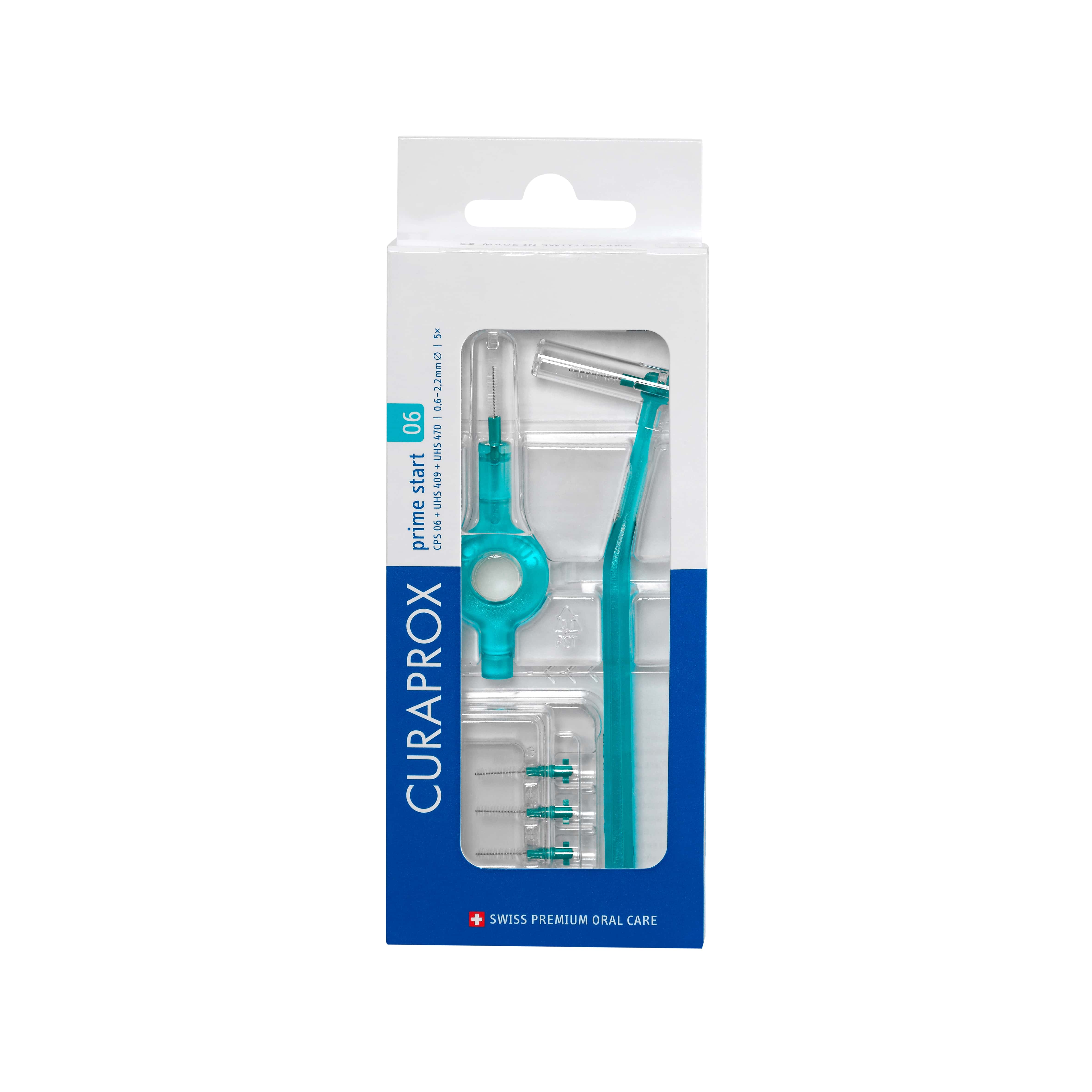 Curaprox CPS 06 Prime Start, zestaw: szczoteczki do czyszczenia przestrzeni międzyzębowych – 5 szt. + uchwyt UHS 409 – 1 szt. + uchwyt UHS 470 – 1 szt.