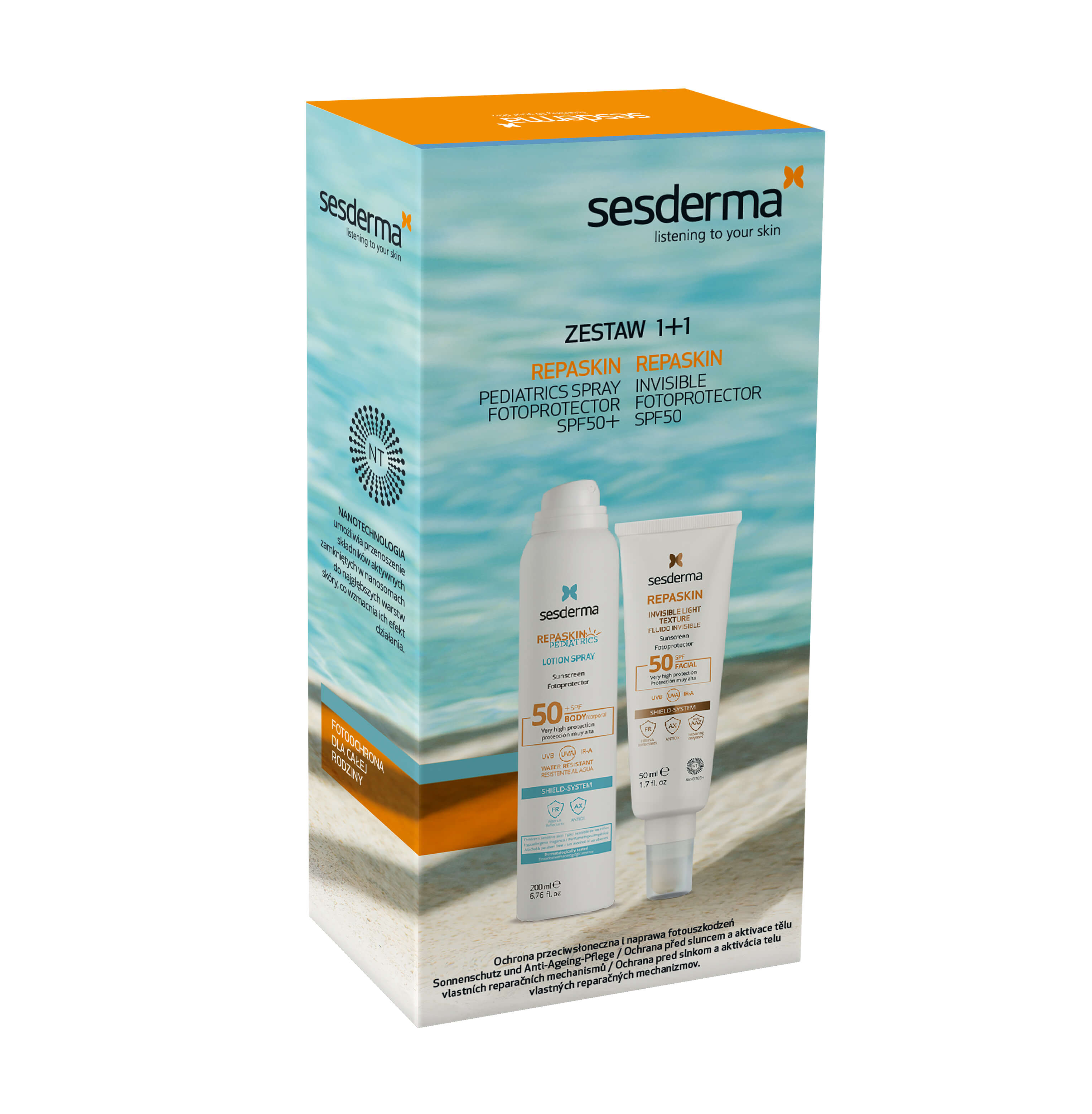 SESDERMA Zestaw, Repaskin Pediatrics Spray Fotoprotektor spf50, 200 ml + Repaskin Invisible Fotoprotektor spf50, 50 ml