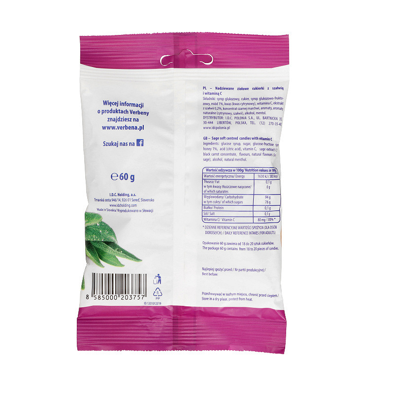 Cukierki Verbena Szałwia z Vit. C, w stanach zapalnych gardła i dziąseł, 60 g