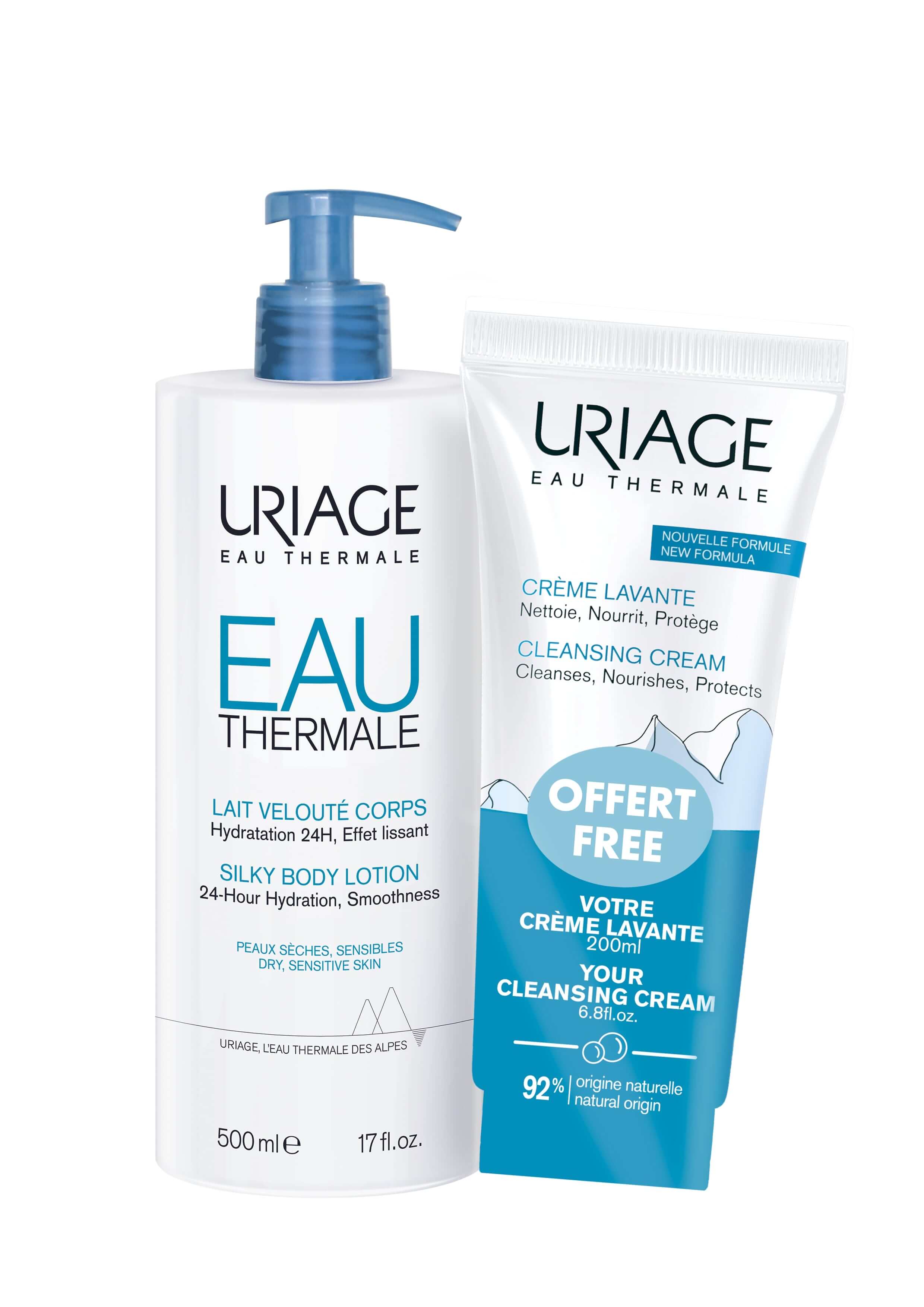 URGO URIAGE Eau Thermale, Set: Körperlotion 500 ml + Creme reinigend, 200 ml — Inhaltsstoffe i ocena