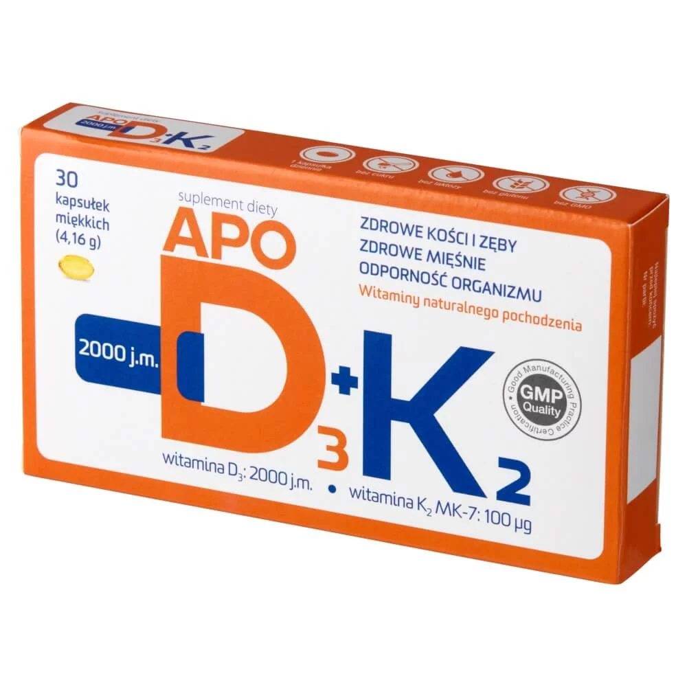 ApoD3 2000 j.m. + K2, kapsułki miękkie ze składnikami wspierającymi kości, zęby i odporność, 30 szt.