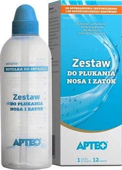 Zestaw do płukania nosa i zatok APTEO, do irygacji w celu oczyszczania, udrażniania, butelka + 12 sasz.