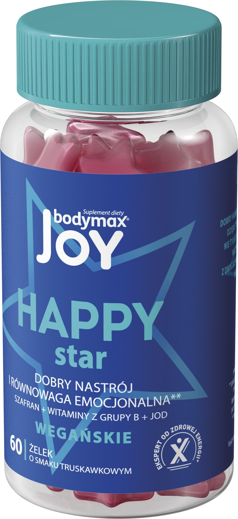 Bodymax Joy Happy Star , żelki ze składnikami wspierającymi dobry nastrój i równowagę emocjonalną o smaku truskawkowym, 60 szt.
