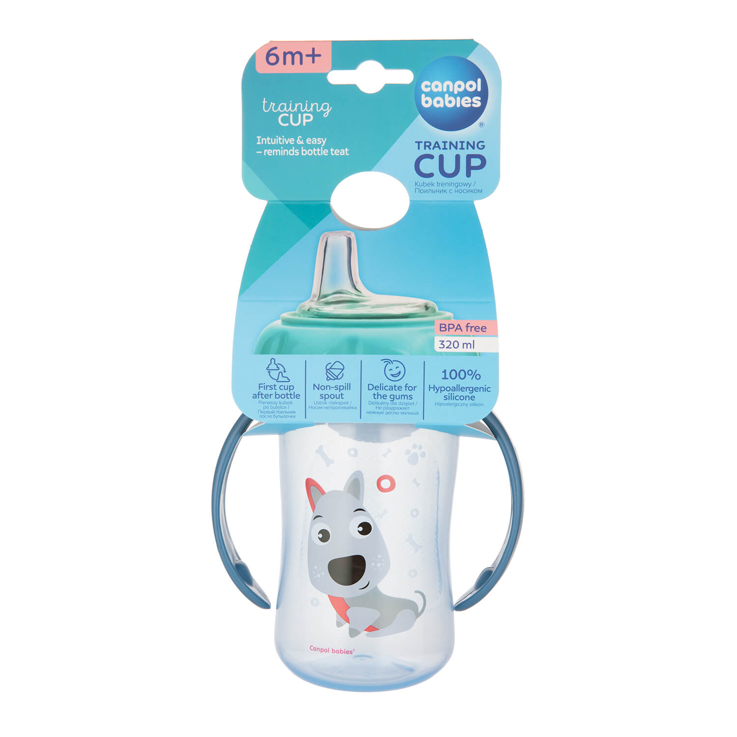 Canpol Babies, kubek treningowy z silikonowym ustnikiem, od 6 m.ż., kolor: niebieski, 320 ml, 1 szt.