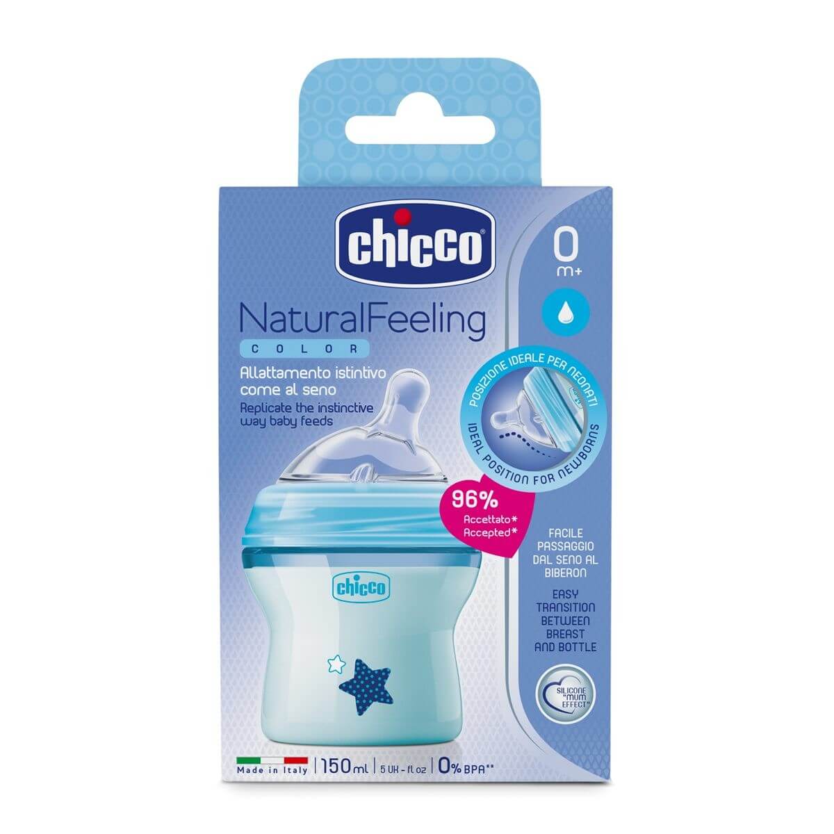 Chicco Butelka NaturalFeeling , naśladująca naturalny sposób ssania dziecka o pojemności 150 ml, 1 szt.