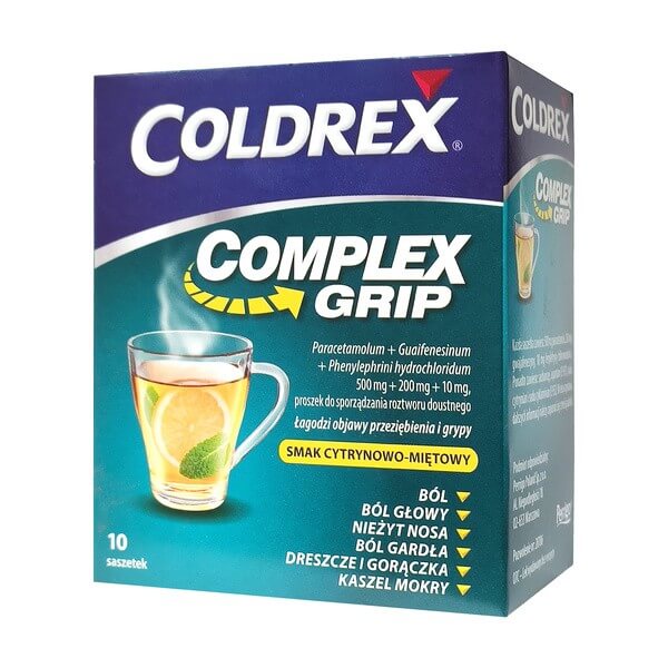 Coldrex Complex Grip, proszek o smaku cytrynowo miętowym, 10 sasz. KRÓTKA DATA 30.06.2025